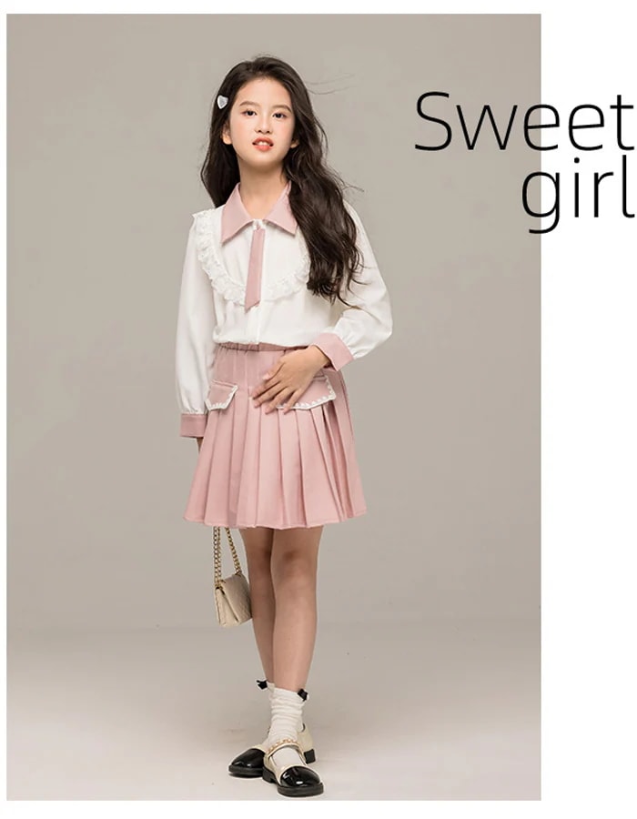 子供服 女の子 セットアップ キッズ フォーマル 上下セット ピンク系 スカートセット 入学式 卒業式 受験用 発表会 七五三 ガールズ 長袖 シャツブラウス+プリーツスカート 2点セット おしゃれ