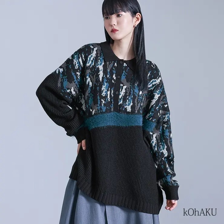 kOhAKUアート柄切替ポロニット
