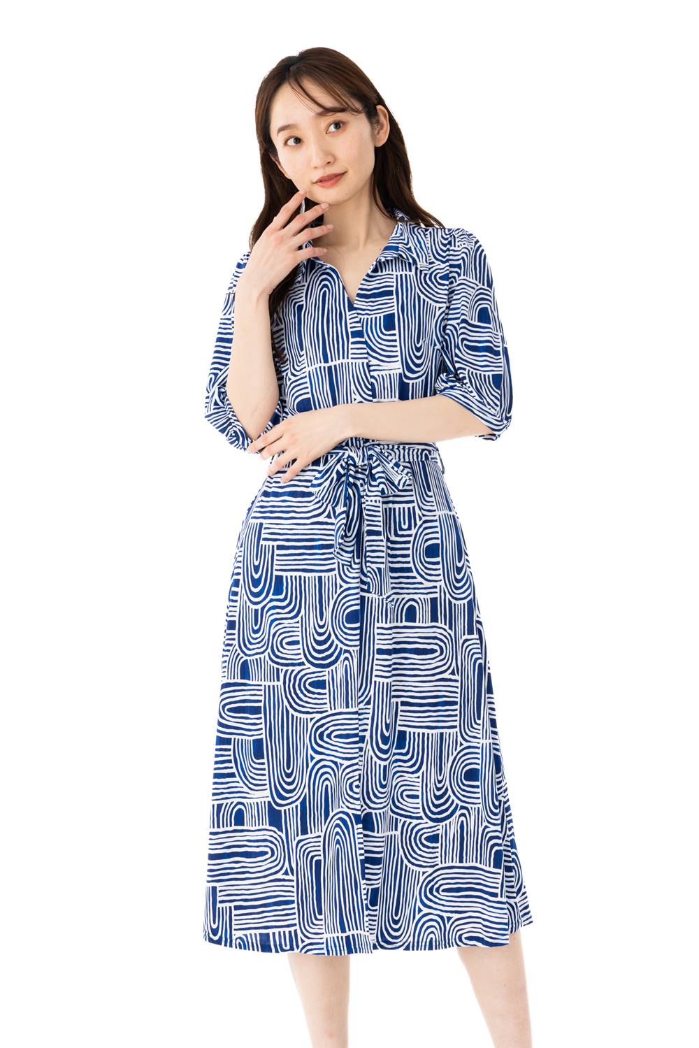 「エジェリワンピース」 EGERIEワンピース T1 T2 T3サイズ 5分袖 ミモレ丈ワンピース 幾何柄 襟付 ジャージー インポートワンピース ブルー