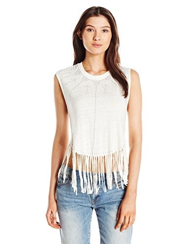 Rebecca Minkoff Womens Gemini Fringe Sleeveless Tank, Chalk, Small Rebecca Minkoff Womens Gemini Fringe Sleeveless Tank, Chalk, Small
