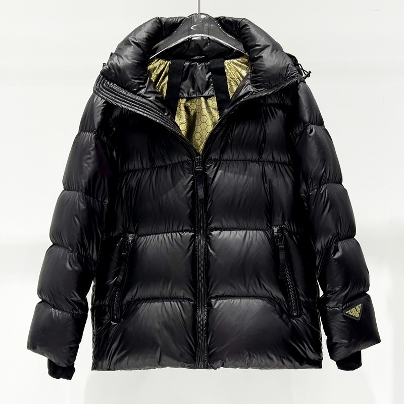 秋冬 ブラック＆ゴールド 高級フード付き 厚手 ゆったり 暖かい パフブレッド ショートダウンジャケット ユニセックス カップルスタイル