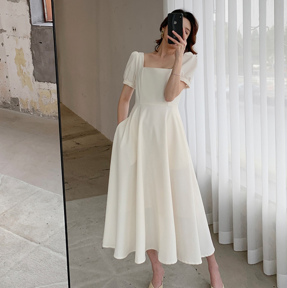 ワンピース デート フレアワンピース 袖あり 半袖 パフスリーブ 春 秋 10代 20代 レディース 個性的 ホワイト S M L XL スクエアネック こなれ感 エレガント クール モード系