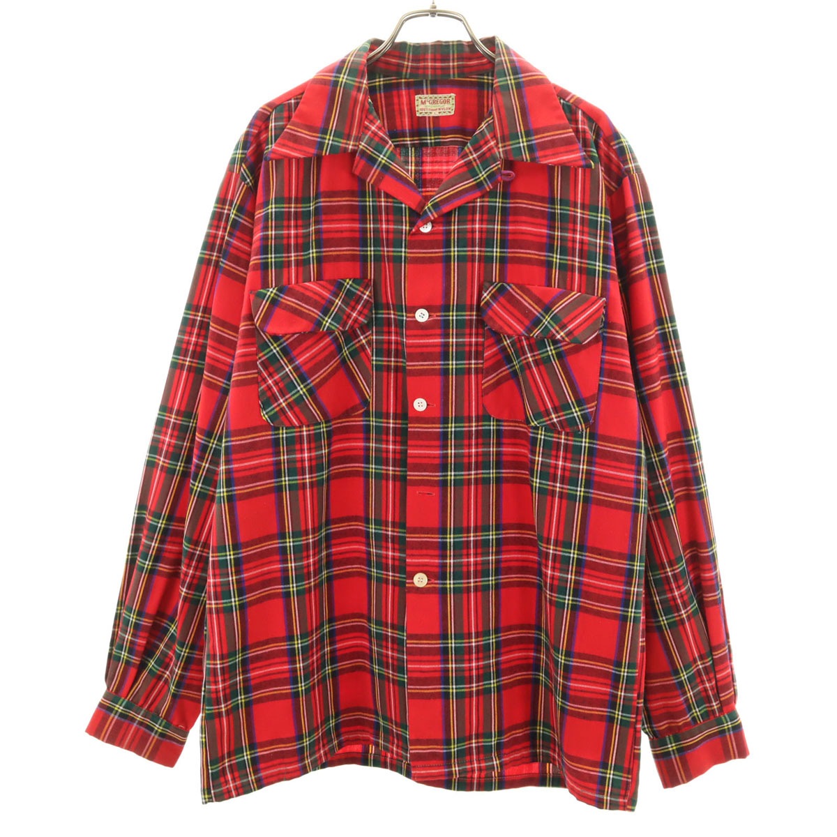 50s ヴィンテージ タータンチェック チェック柄 長袖 オープンカラーシャツ L タータンチェック 開襟 メンズ 古着