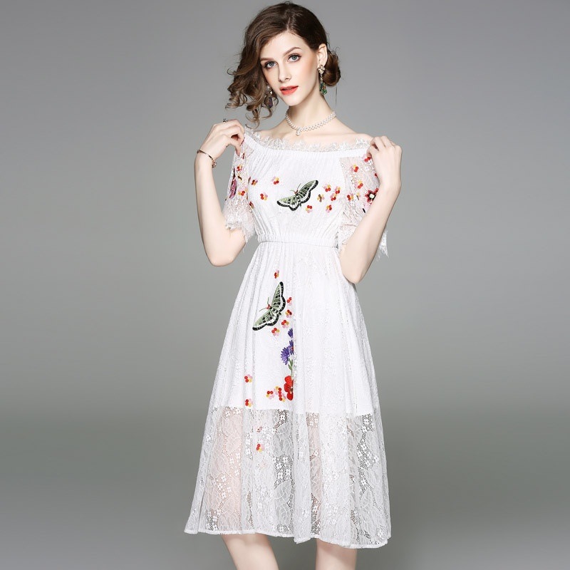 1494. オフショルダー花柄刺繍ワンピース（ホワイト）パーティードレス 総レース 結婚式 ドレス 上品さ お呼ばれ 2019 春夏 sale 女子会 レストラン
