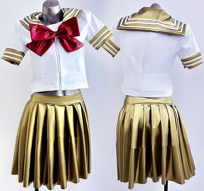 Z 白＆金 超光沢 可愛い 風トップス+プリーツスカート コスプレ 制服 仮装 コスプレ衣装