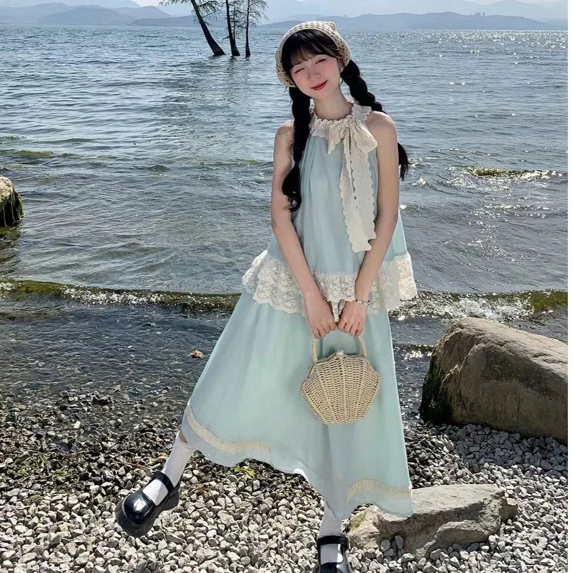 【2点セット】サマースーツスカートデコルテリボン首かけトップス＋半身スカート優しい雰囲気のデート