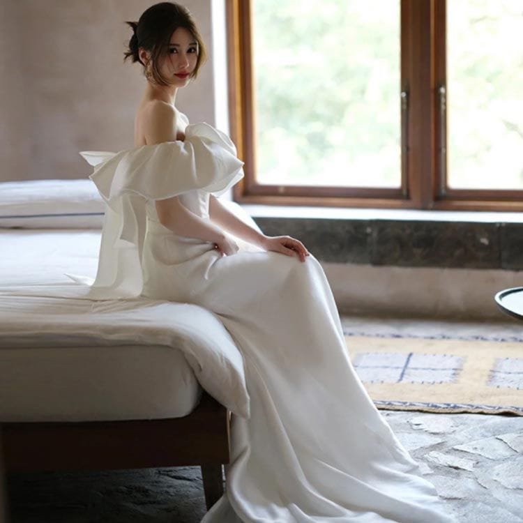 新商品登場オフショルダー ドレス ウエディングドレス マーメイドライン ノースリーブ wedding dress トレーン ドレス 前撮り 後撮り 披露宴 結婚式 発表会 海外挙式ドレス S M L