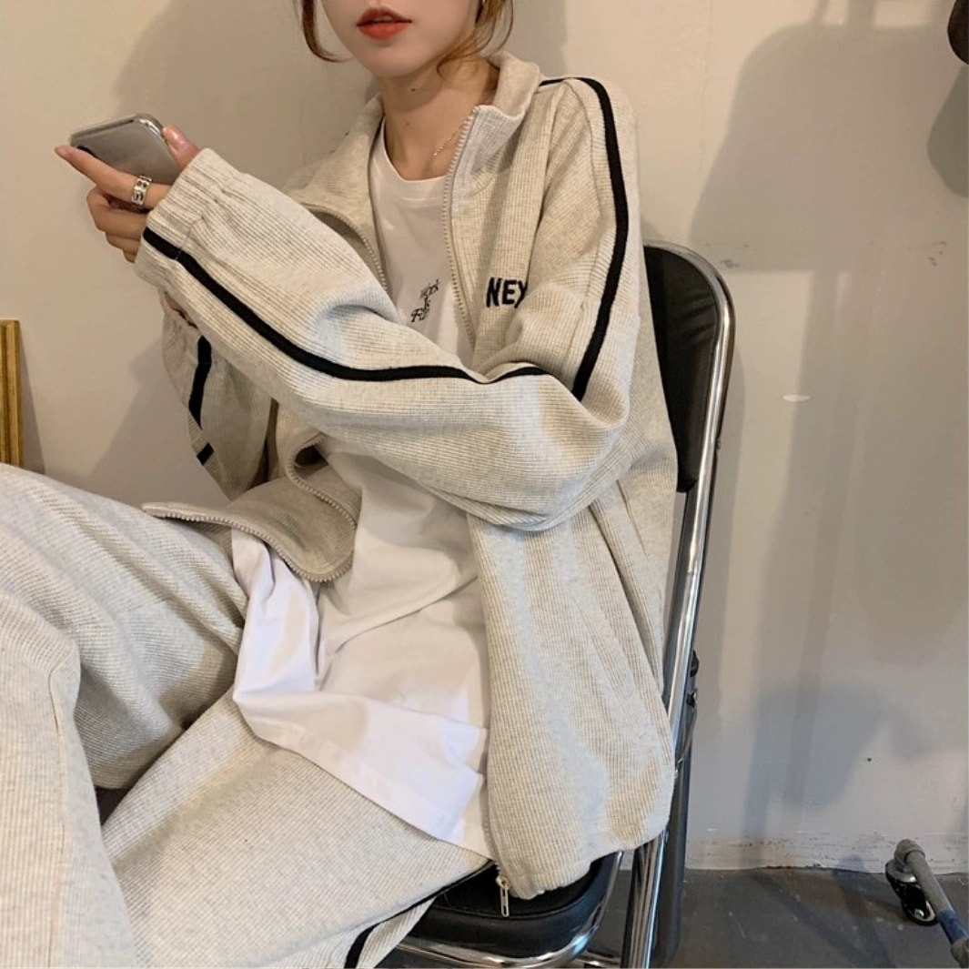 ジャージ スポーツウェア パンツ ズボン イージーパンツ 長袖 ウエストゴム ファスナー 前開き 上下セット 2点セット ツーピース 清潔感 シンプル かっこいい クール メンズライク マニッシュ