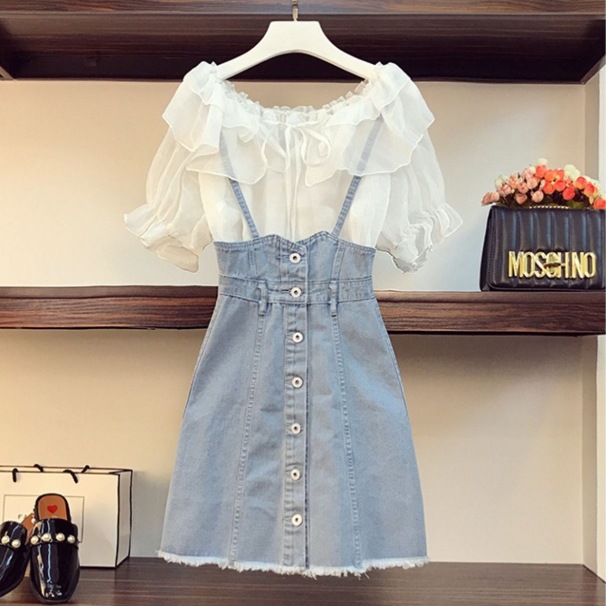 2点セット トップス ワンピース ツーピース ドレス ストラップスカート シフォンシャツ フリル シフォン パフスリーブ デニムワンピース デニム プルオーバー 夏 ショートスカート 無地 花柄 通勤