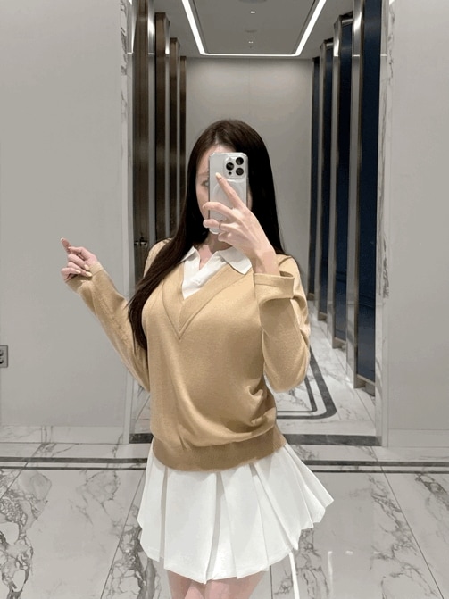 [シルク配合] リンヌ 配色 レイヤード 二重カラーシャツ ニット(2color)