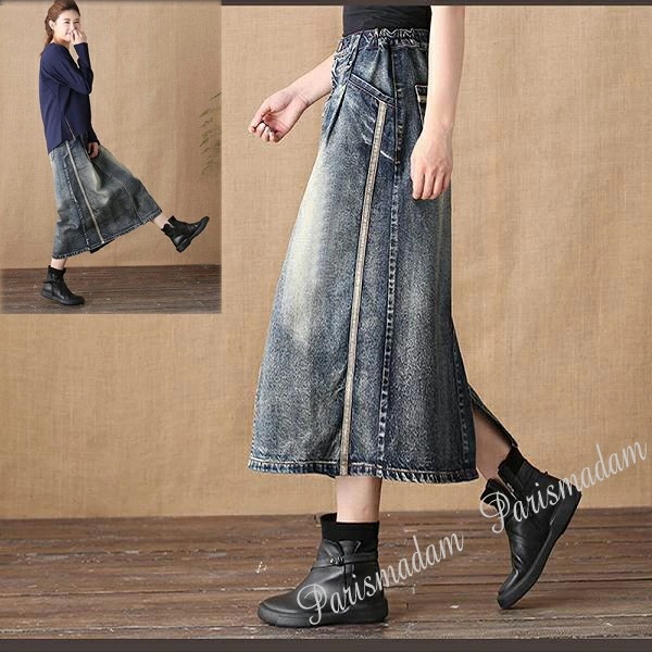 限定セールデニムロングスカート　デニムスカート　パイピング　デザインデニムスカート　スリット　大きいサイズ有り　Ｓ～ＸＸＸＬ