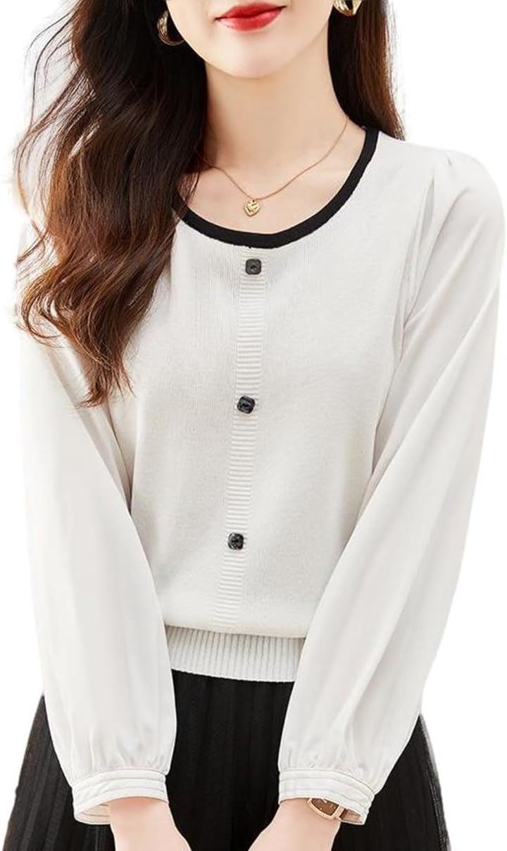 バイカラーニットトップス 10分袖 パフスリーブ 丸首 飾りボタン トップスレディース おしゃれ 服装 トレンド レギュラー丈 コーディネート ふんわり袖 オシャレ(ホワイト, XL)