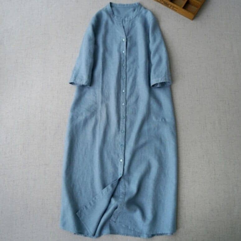 ワンピース 膝丈 クルーネック 前開き 前ボタン ストレート Iライン 薄手 大人可愛い かわいい シンプル ラフ カジュアル ルーズ 春 夏 おしゃれ デート 旅行 ブルー オレンジ