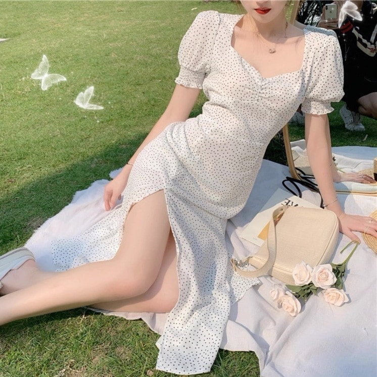 ドット柄ワンピース シフォン生地ワンピース パフスリーブワンピース スリット入りワンピース レディース スカート ワンピース オールインワン フレアスカート ロングスカート 膝下 ロング 7分丈 半袖