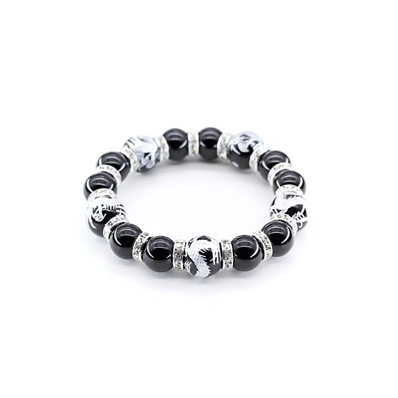 石輝 4A数珠 銀彫龍14mmオニキスブレスレット 桐箱付き お守り運気UP 漆黒に光輝く美しい天然