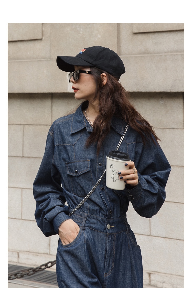 ジャンプスーツ オーバーシルエット デニム ウエストリボン ポケット ワンピース カジュアル つなぎ 韓国 ストリート TKOR0028