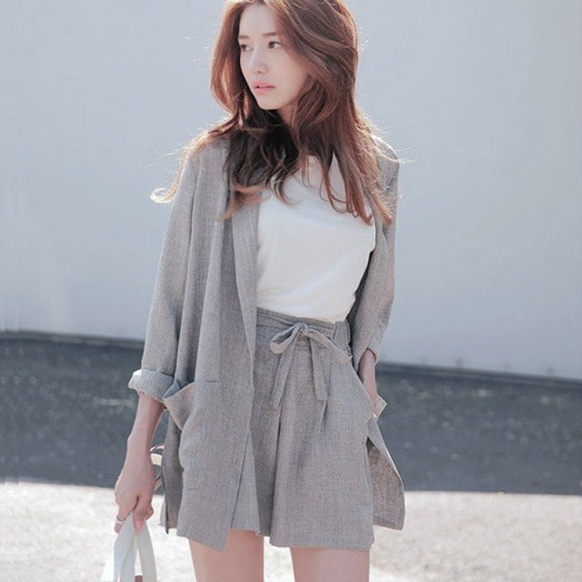 5060.2点セットサマージャケット(グレー)2019春夏 sale アウター 美ライン おしゃれ カジュアル 七分袖 ショートパンツ リネン お出かけ お呼ばれ 女子会 普段使い 通勤 通学