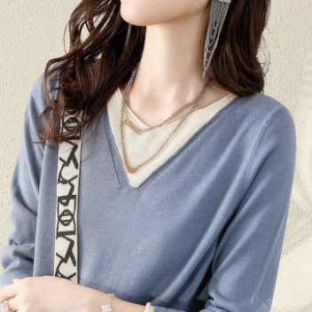重ね着風トップス トップス カットソー ニットソー 長袖 Vネック かわいい 大人可愛い シンプル 5,318円
