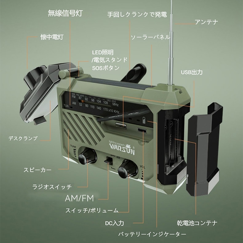 屋外防災緊急対応ラジオ手回し懐中電灯多機能緊急太陽光緊急懐中電灯