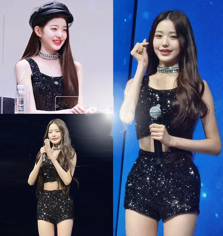 Ive Zhang Yuanying と黒のスパンコールサスペンダーショーツスーツステージパフォーマンスへそ露出
