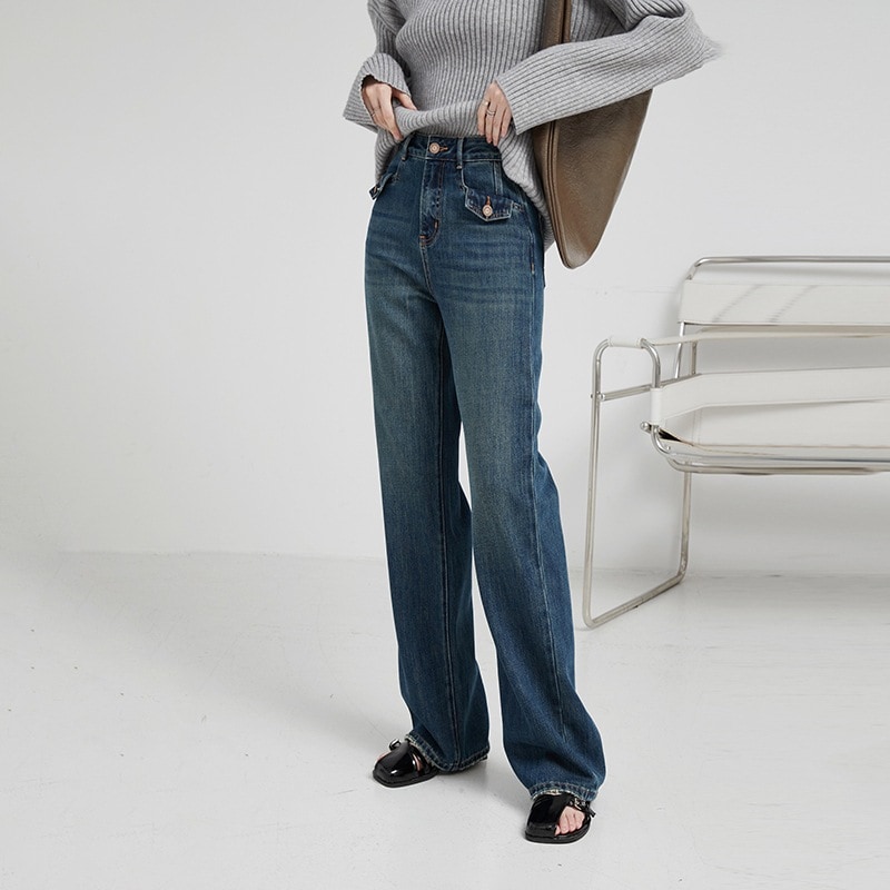 秋の女性用立体ポケットワイドジーンズレトロダメージ加工ハイウエストスリムナローデニムストレートパンツ 5,178円