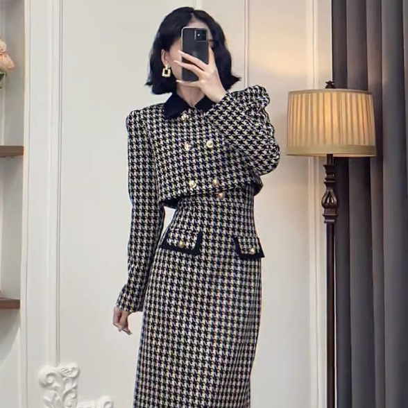 セットアップ ジャケット ワンピドレス ロング ロング丈 袖あり 長袖 襟付き ストレート Iライン スリット バックスリット ポケット ハイウエスト かわいい 大人可愛い 上品 おしゃれ レトロ