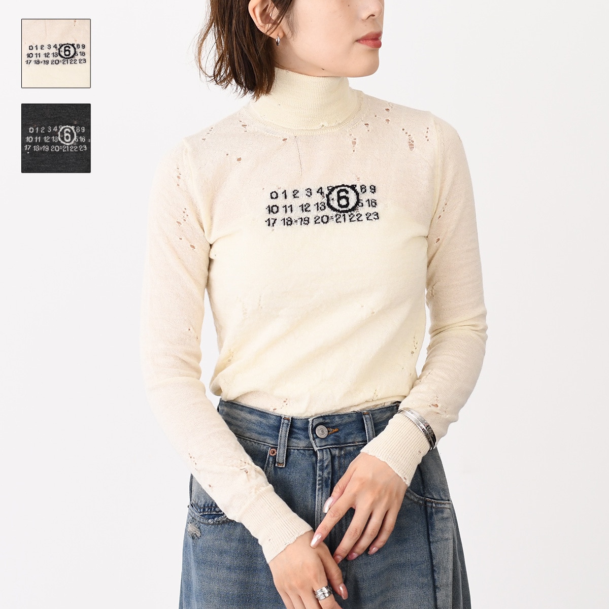 メゾン マルジェラ トップス ウールタートルネック S52HA0299 M13134 レディース グレー ホワイト 長袖 ダメージ ロゴ