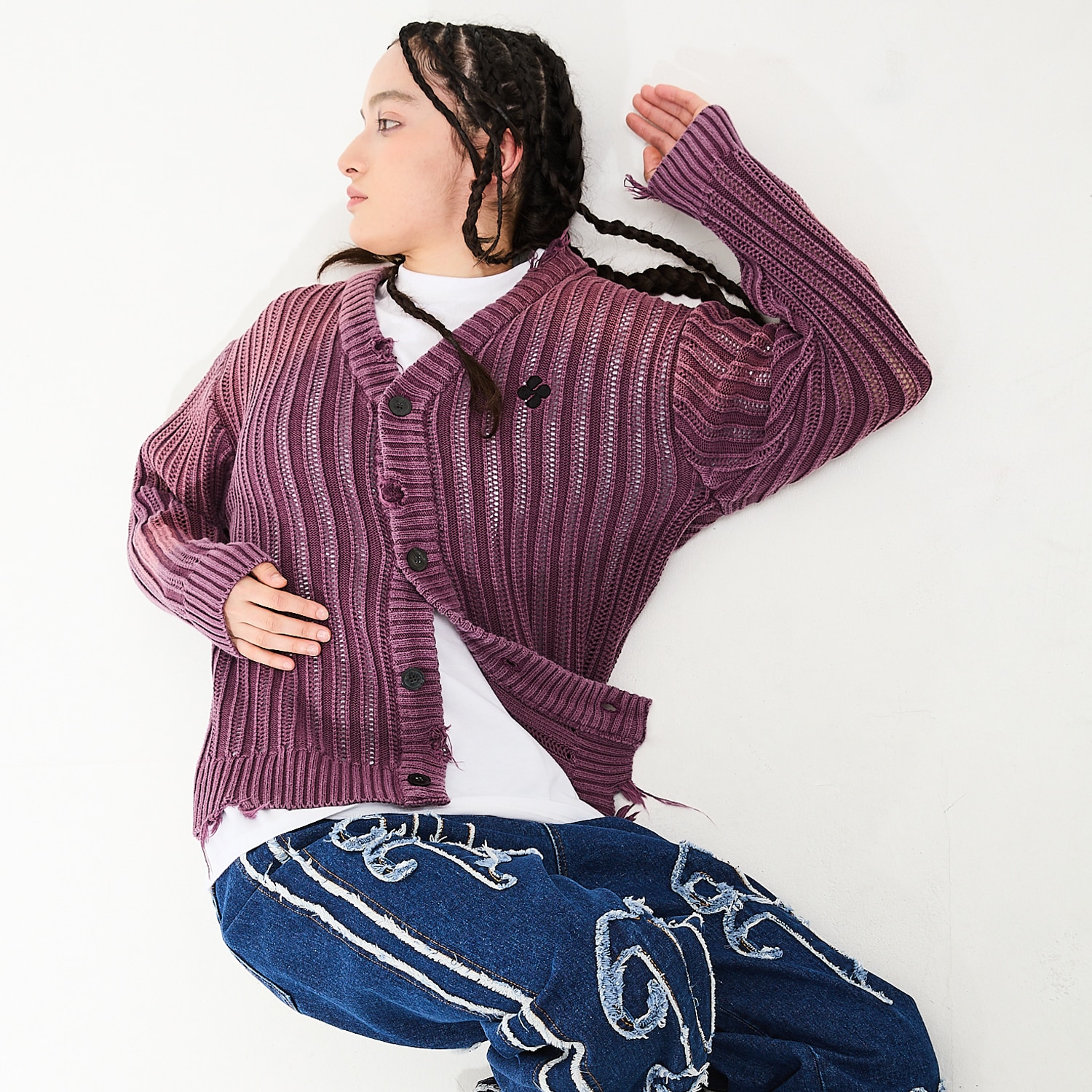 Damage bleach washing cardigan PURPLE