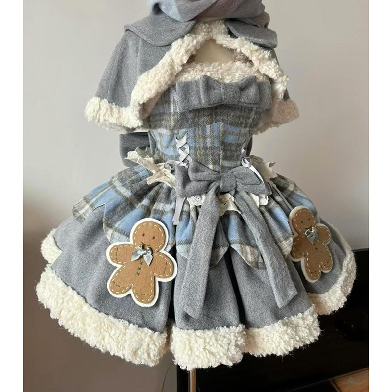 秋冬用スウィートロリータパッチワークセットプラッシュケープコート蝶ネクタイサスペンダードレスツーピースセット