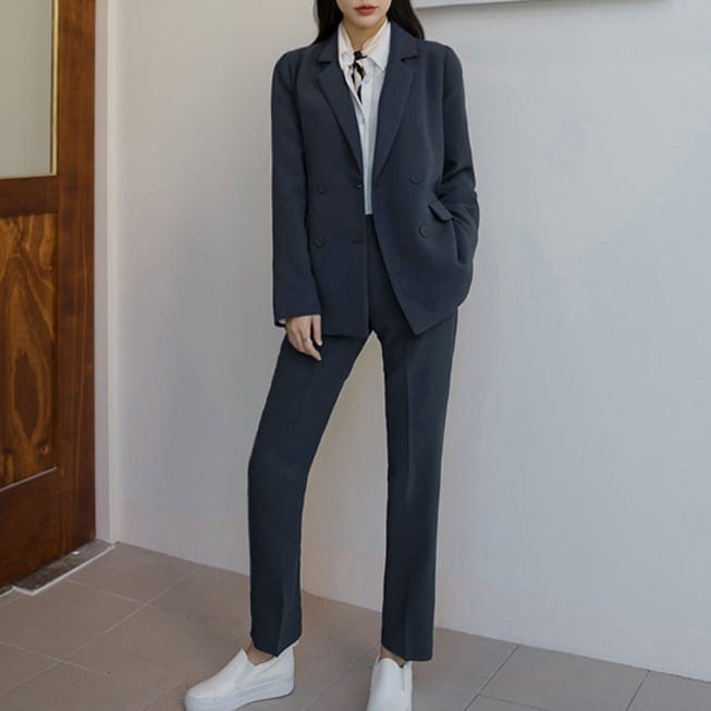 セットアップ スーツ パンツ ボトムス ジャケット ダブルブレスト テーラードジャケット モノトーン モード 長袖 ロング センタープレス ハイウエスト ストレート 襟付き Vネック レトロ lsu0