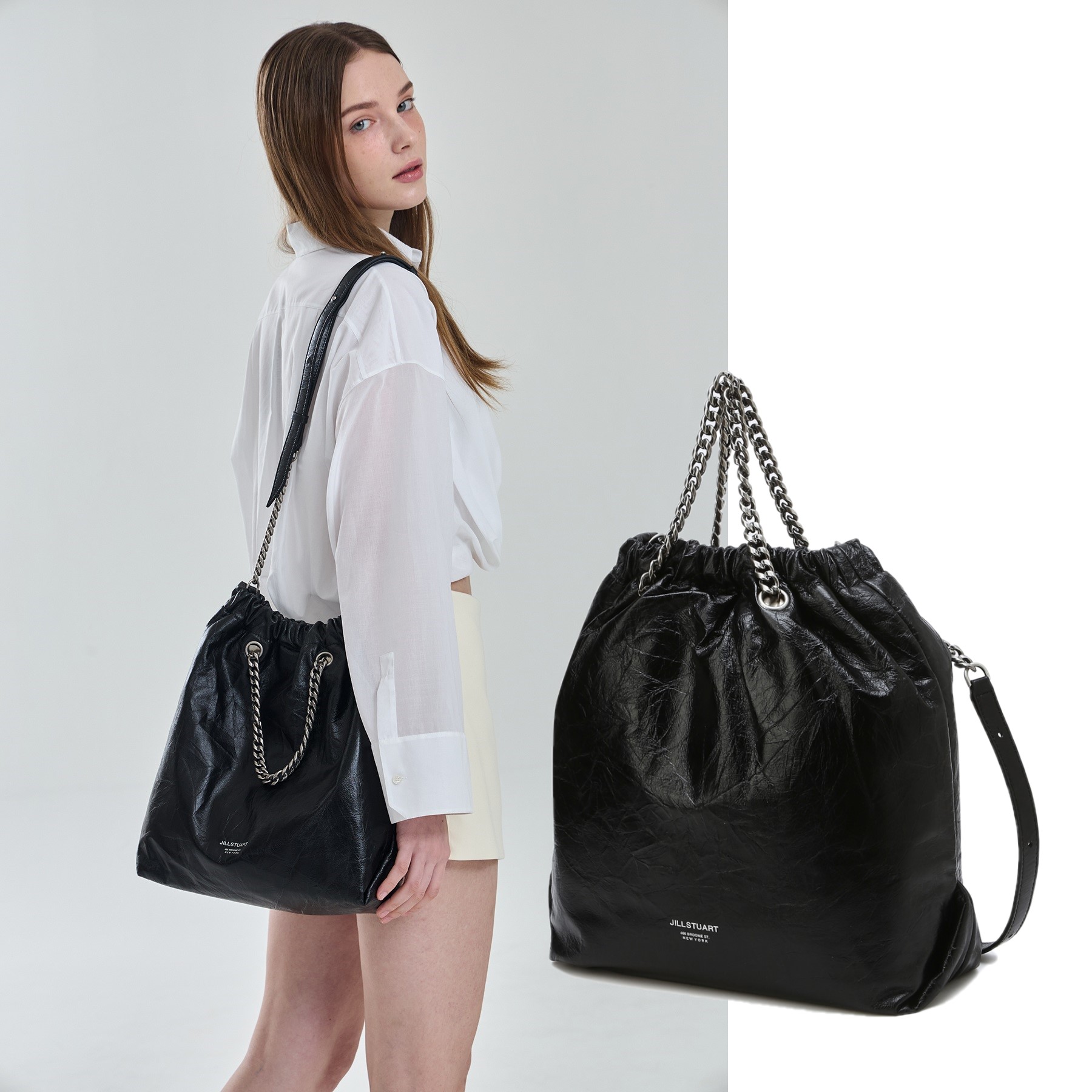 [JILLSTUART] [ココモダン]ブラックヴィンテージ装飾ドローストリングチェーンショルダー兼トートバッグL