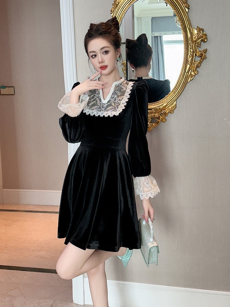 【JY.上品】 2025秋 レースドッキング ベルベット Vネック ワンピース ドレス パーティー キャバ 大人 同窓会 披露宴 卒業式 結婚式 演奏会 ウェディング 二次会 メガ割