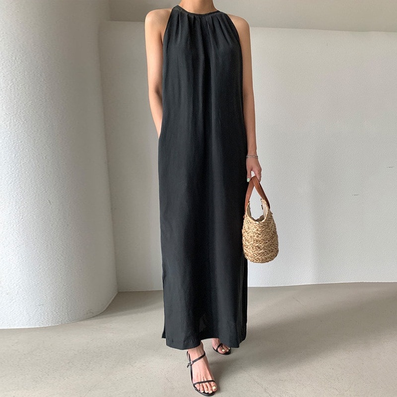 アメリカンスリーブIラインワンピース レディース ワンピース ワンピドレス マキシ丈 袖なし ノースリーブ ラウンドネック Iライン レース ウエストマーク ウエストリボン 薄手 かわいい 大人可愛い