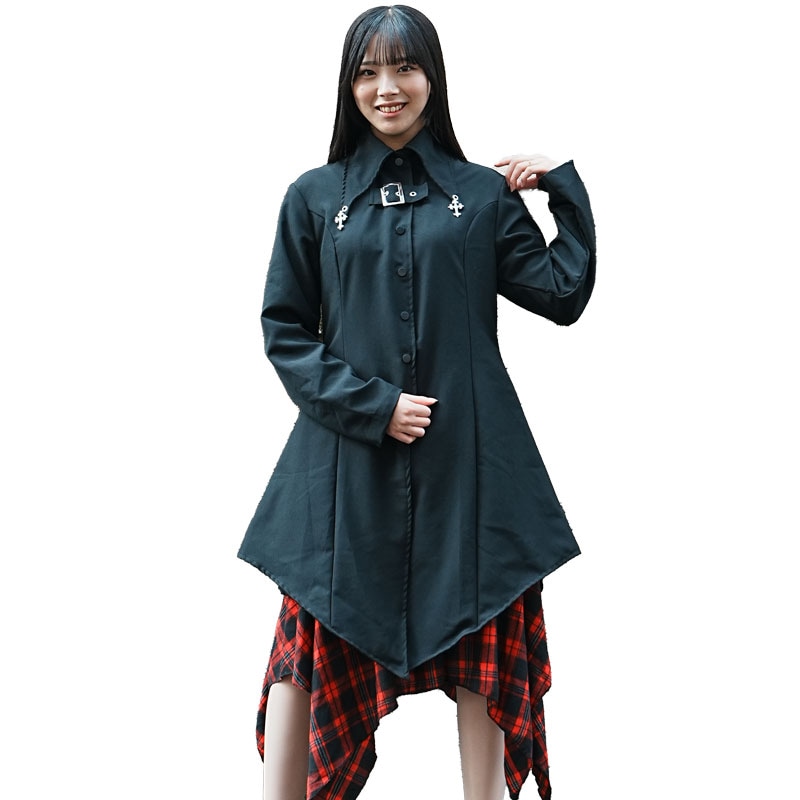 冥闇 クロスロングシャツ 長袖 ロング丈 原宿 原宿系 ファッション V系 ダーク パンク ロック クロス ブラック pe-006