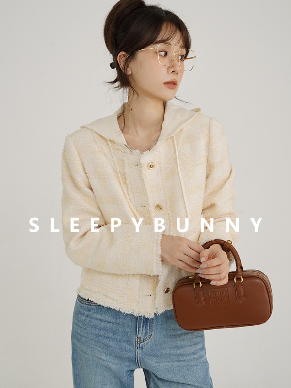 スリーピーバニー ショートダウンジャケット 冬 シャネルスタイル タッセル 切りっぱなし ダブルジッパー フード付きニットトップス