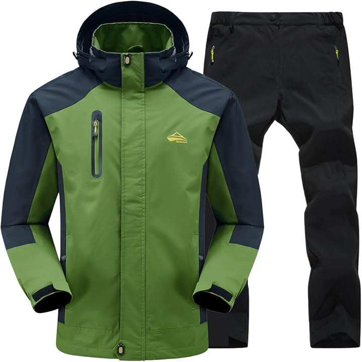 雨風に強い アウトドアジャケット 上下セット メンズ 登山 釣り バイク 自転車 キャンプ トレッキング 防水 ウェア 通勤 通学(4.グリーン (速乾トレッキングパンツ), L)