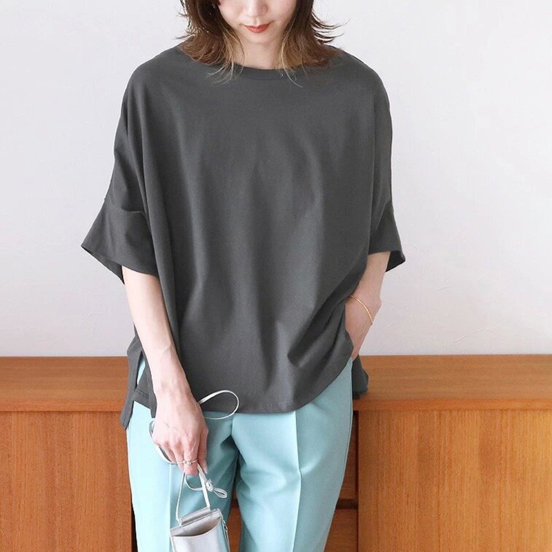 レディース トップス ロンT Tシャツ 7分袖 ボリューム袖 クルーネック ワイド ストリート 大人可愛い きれいめ シンプル カジュアル おしゃれ アジアン こなれ感 ラフ ボーイッシュ クール
