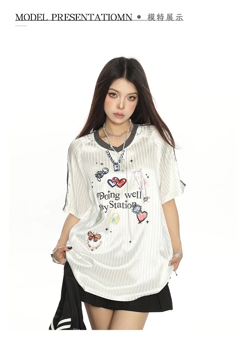 2025春夏 韓国可愛い風トップス Tシャツ K-PPプリントファッション半袖ストリート系切り替え丈フットシルエットダンスラグランゆったりシャツ衣装レディースサイズおしゃれカジュアル春メンズ配色T