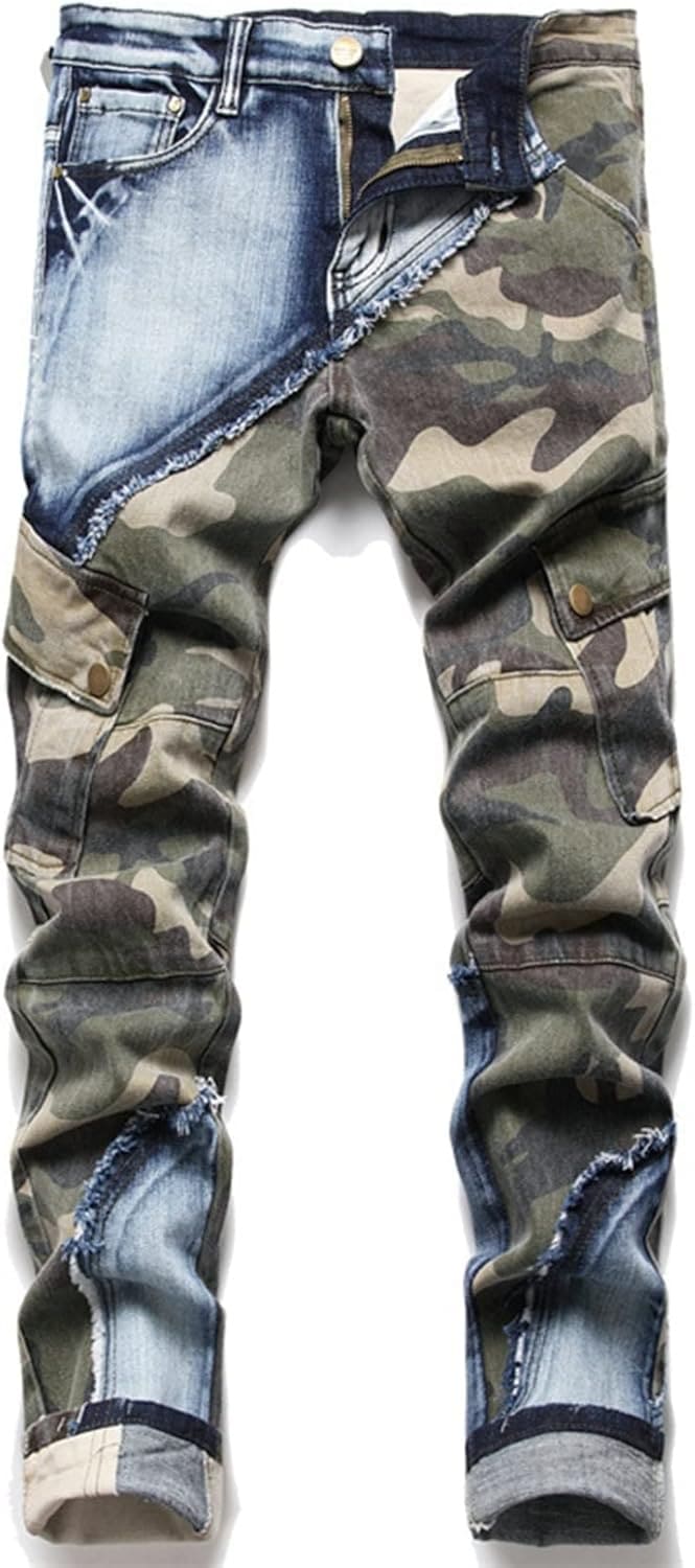 デニムパンツ メンズ パッチワーク 迷彩柄 ジーンズ スキニーパンツ 細身 Denim Pants オトコ ロングパンツ ボトムス 大人 ストリート hiphop系 レギュラー ウォッシュ加工 部屋着