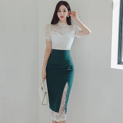 夏 有名な女性 修身 気質をカバーします2025レース 上で服を包みます尻 半身 スカート 2セット