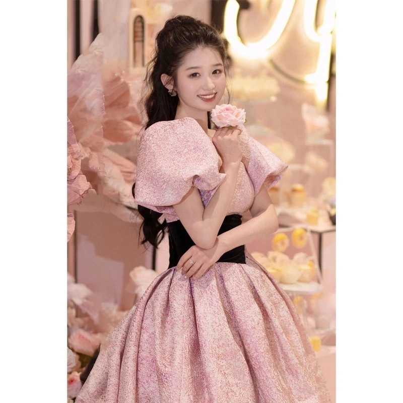 イブニングドレス 婚約しワンピース高級感 バブル袖 フレンチヴィンテージ乾杯服気質 花嫁 レッド着痩せ ドレス結婚式ドレス二次会ドレス新年会ド結婚式 お呼ばれ