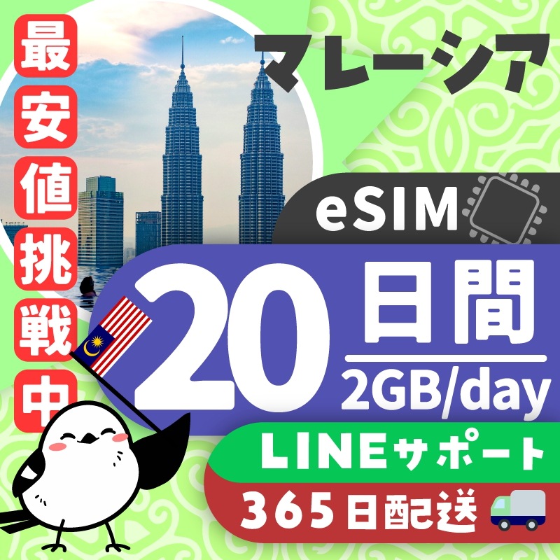 【マレーシアeSIM】簡単設定／使用日数：２０日間／データ容量：２GB（day）／有効期限90日／最短即日発行／パスポート番号不要／データ通信専用
