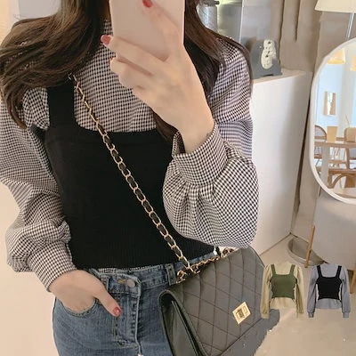 ニットキャミソール ブラウス2点セット レディース チェック柄 プチハイネック 長袖シャツ プルオ