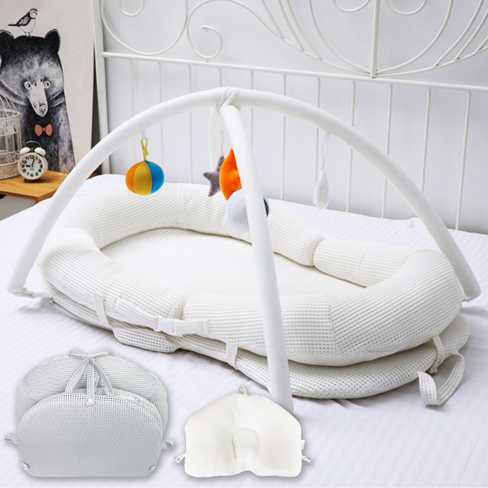 ベッドインベッド 持ち運び ベビーベッド 枕付き 洗濯可能 新生児 赤ちゃん 寝返り防止 携帯型 軽量 ベビーギフト 出産祝い (枕付き)