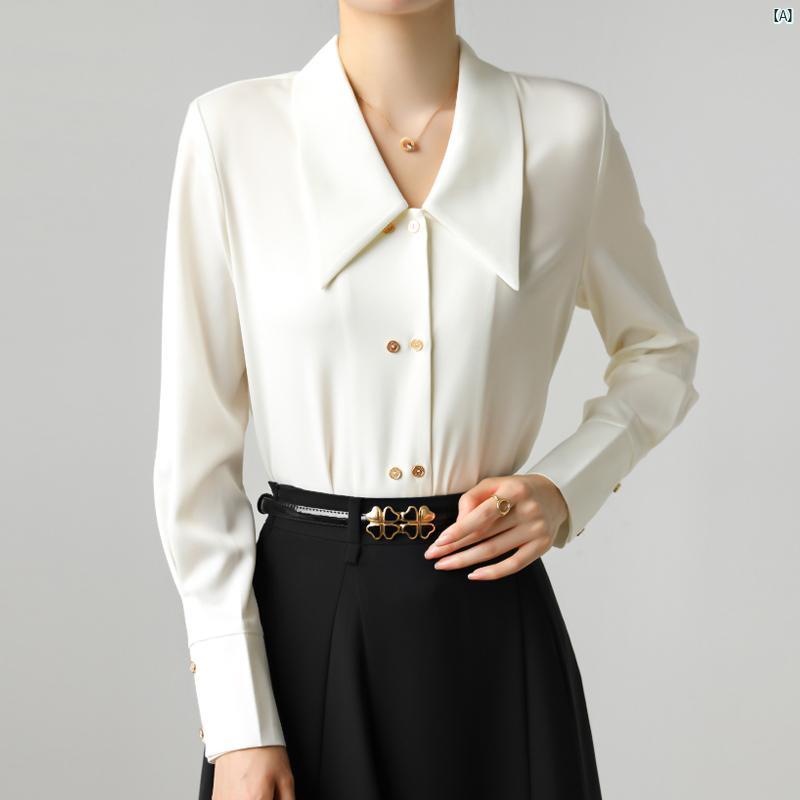 レディース ファッション　レディース　カジュアル　上品　綺麗　外出 フランス プロ サテン ダブルブレスト ポインテッドカラー 長袖 シャツ インタビュー 通勤 ゴールド ボタン ドレープ 5,263円