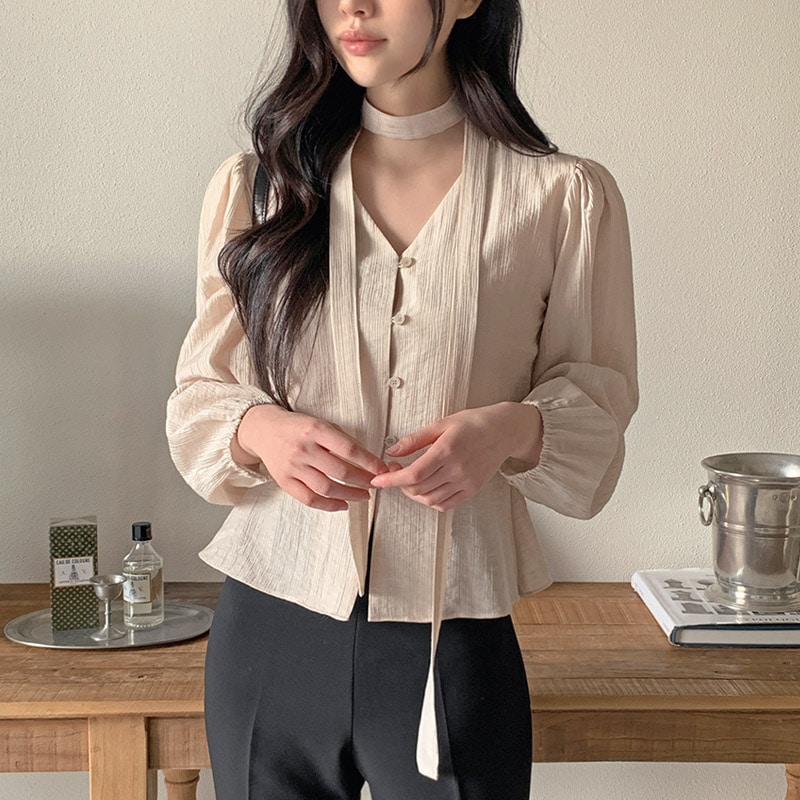 [tbs0445] 韓国ファッションタイVネックブラウス