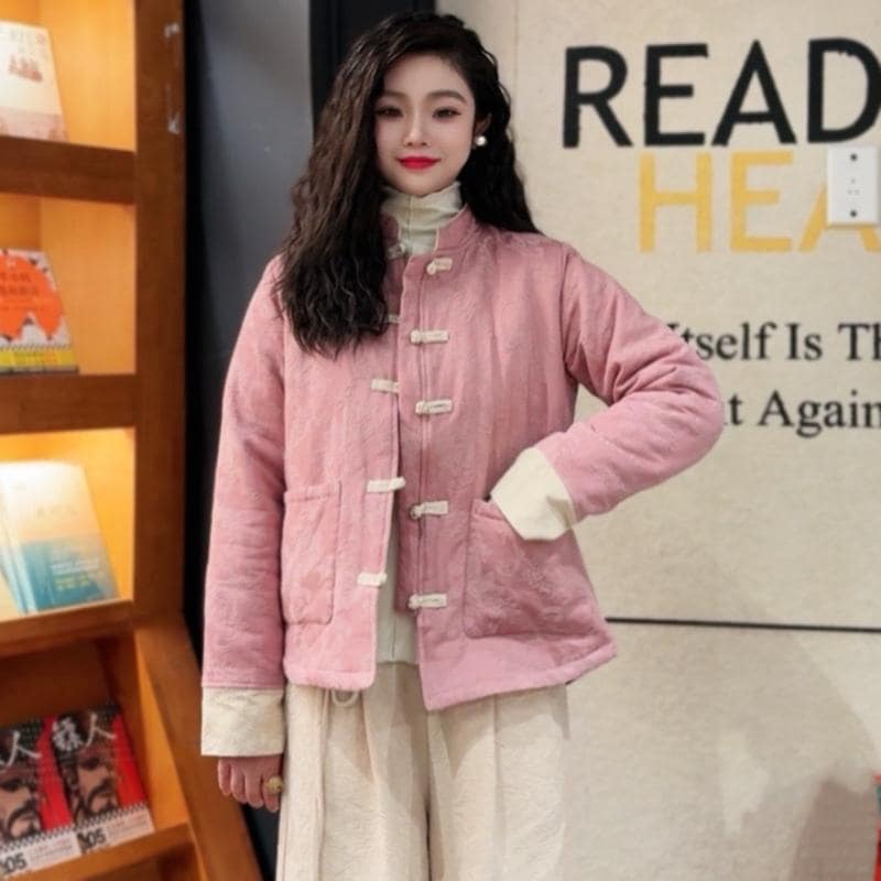 秋服 レディース ファッション オシャレ カワイイ シンプル 大人カワイイ 大きいサイズ ジャカード ク バックル 綿 リネン コート 冬 暖かい ティー ジャケット パッド入り