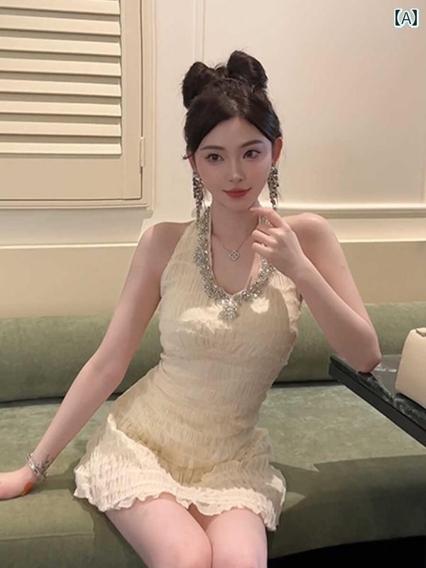 レディース トップス ホルターネック レディース トップス ホルターネック な ラインストーンが ちりばめられた ホルターネック Vネック サスペンダー ドレス レデイース 夏の 優雅 背中の 開いた