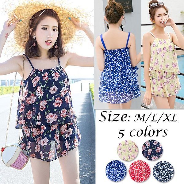 水着 体型カバー レディース ワンピース水着 サロペット 総柄 韓国風 可愛い スイムウェア 短パン 小胸バンドゥ 水泳 大人 女性用 ママ 5色