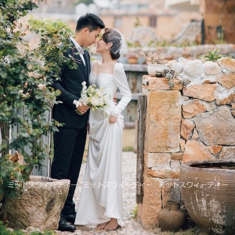 結婚式ウエディングドレス長袖Aラインドレス二次会ドレス花嫁白小さいサイズ海外挙式パ